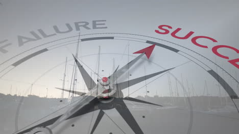 compass needle pointing towards success with marina and boats in background