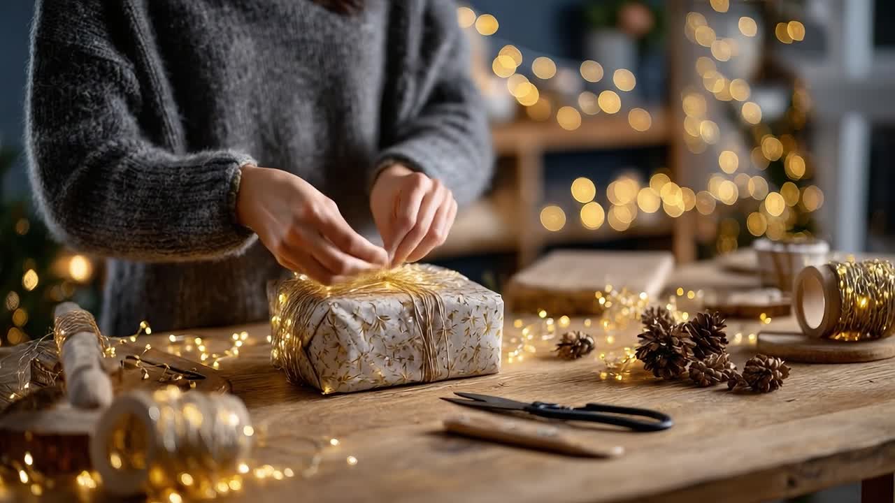 A Crafting Moment: An Individual Adorns a Beautifully Wrapped Gift with Golden Twine and Sparkling Lights, Creating a Warm, Joyful Atmosphere Full of Holiday Cheer