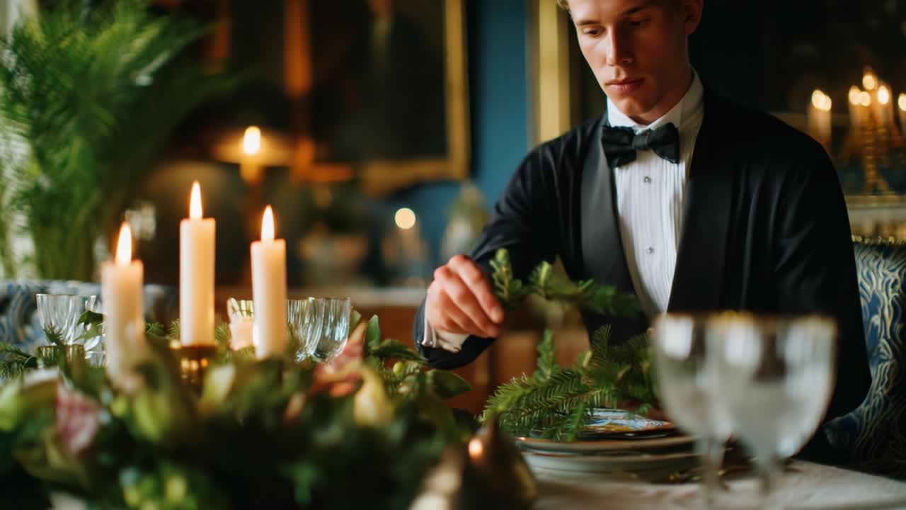 An Elegant Tablescape: A Young Man Arranging a Sophisticated Dining Table with Candles and Fresh Greenery in a Stylishly Decorated Room for a Dining Experience or Formal Gathering