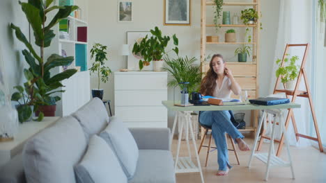 Woman-Walking-Sitting-at-Desk-Studying-and-Reading-Books