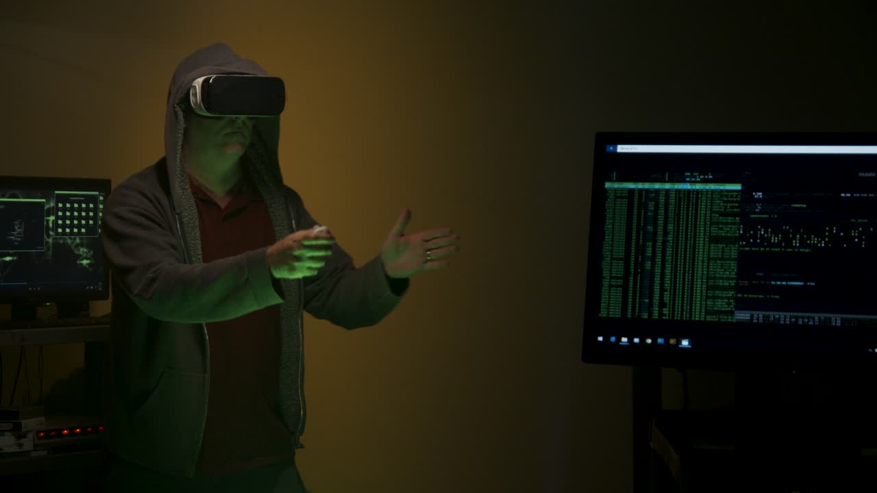 Man plays game while wearing VR headset, Virtual Reality headset