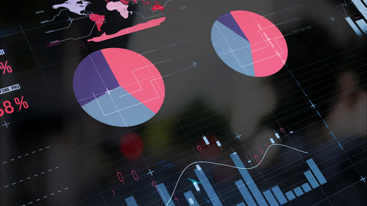 animación de la interfaz infográfica multicolor sobre vista de ángulo bajo de edificios modernos borrosos
