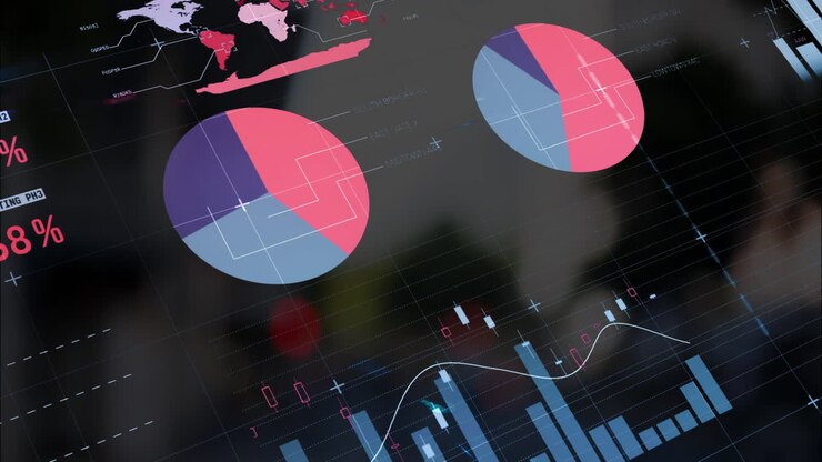 Animation of multicolored infographic interface over low angle view of blurred modern buildings