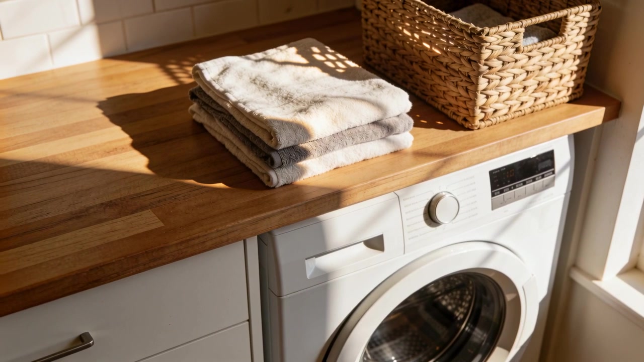 Shifting sunlight moving across at home laundry counter casting shadows on wicker basket and washer