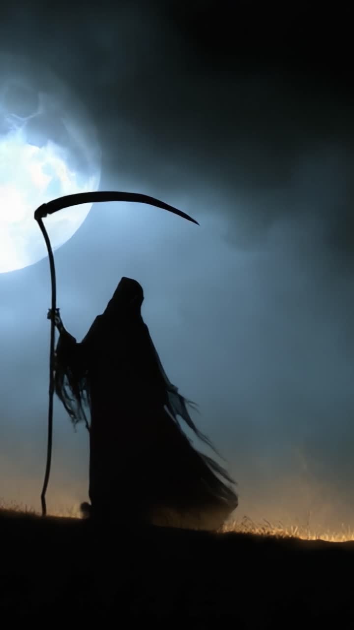 Una Figura Misteriosa Avvolta nell'Oscurità con la Silhouette di una Falce Contro una Luna Piena e la Nebbia, Evocando un'Atmosfera di Enigma e Intrigo Notturno