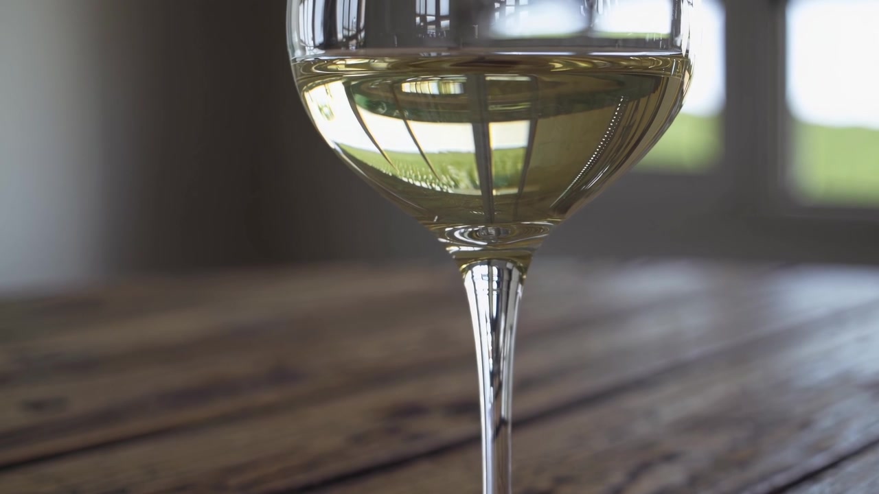 Elegante bicchiere di vino bianco su un tavolo di legno rustico