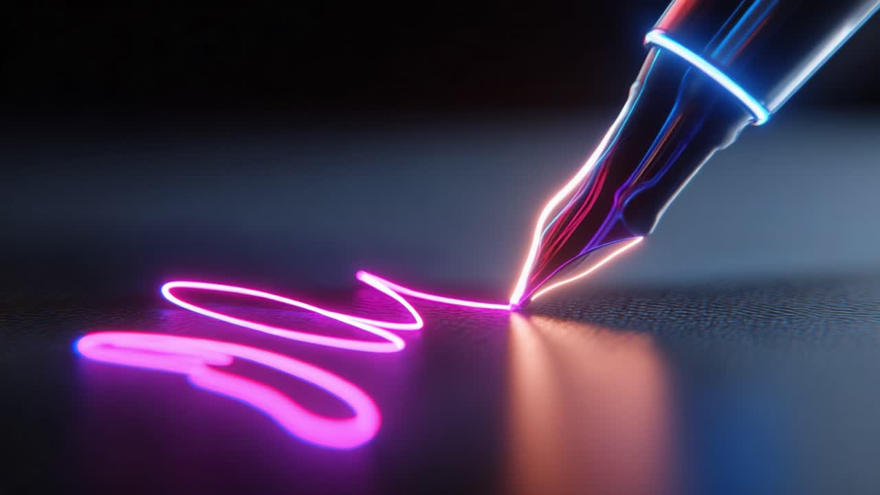 Futuristic fountain pen with glowing blue and pink neon light writing a purple signature on a dark, reflective surface. Metaphor for digital art, creativity, technology and innovation