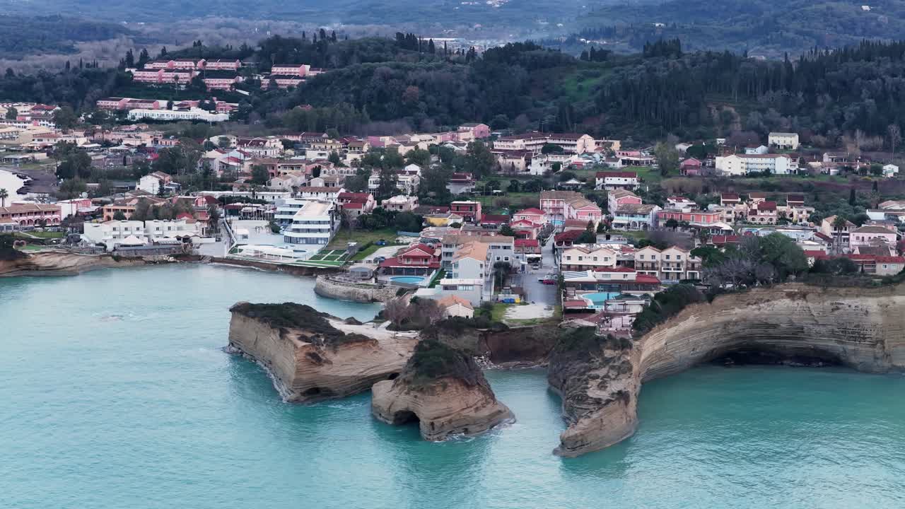 Aerial Drone View of Famous Canal D'Amour and Sidari Village in Corfu Greece with Unique Sandstone Rock Formations and Turquoise Ionian Sea During Overcast Day