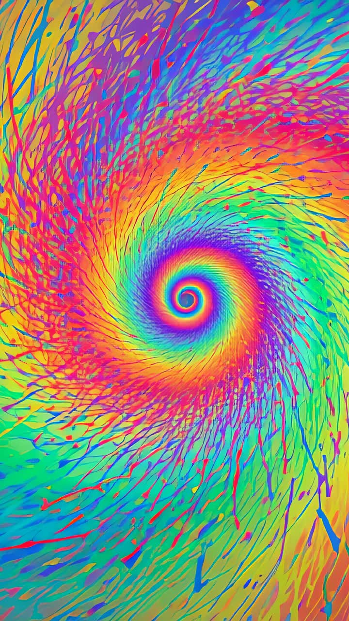 Vertikal video: Spiralformet fraktal, der roterer i et digitalt rum med pulserende regnbuefarver