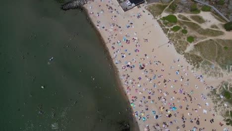 top down view of crowded beach during summer holiday in åsa, south of gothenburg, halland, sweden - drone shot