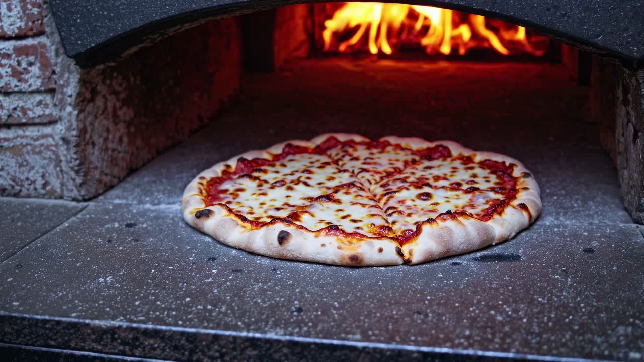 Ripresa dal basso di una pizza che cuoce in un forno a legna, catturando l'atmosfera rustica e le fiamme