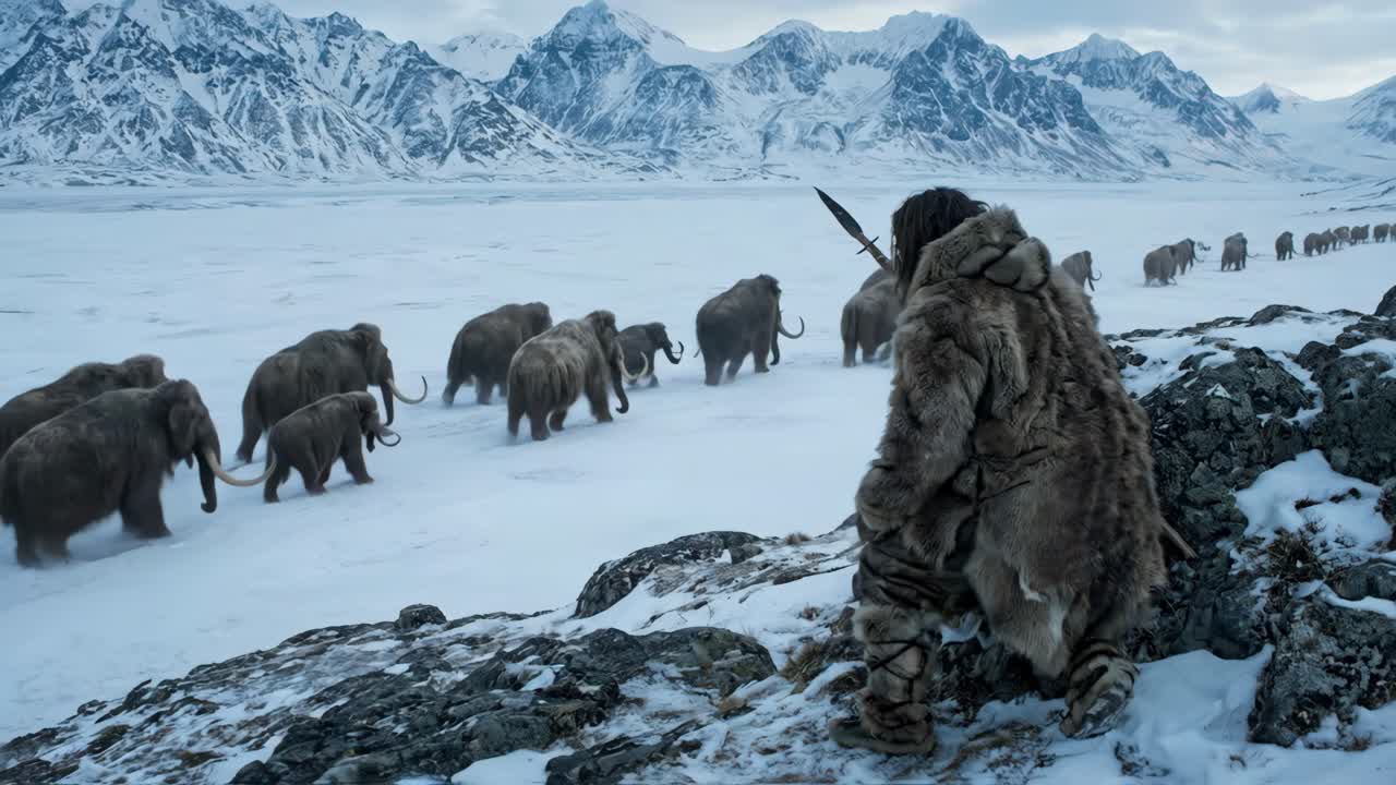 Prehistoric Hunter Watches a Herd of Woolly Mammoths in a Snowy Mountain Landscape