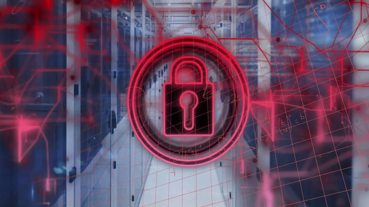 Animación de icono de candado de seguridad y ecuaciones matemáticas contra una sala de servidores