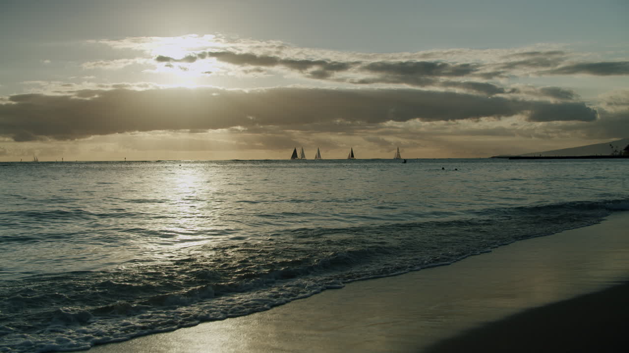 Tropical Beach Sunset with Sailboats