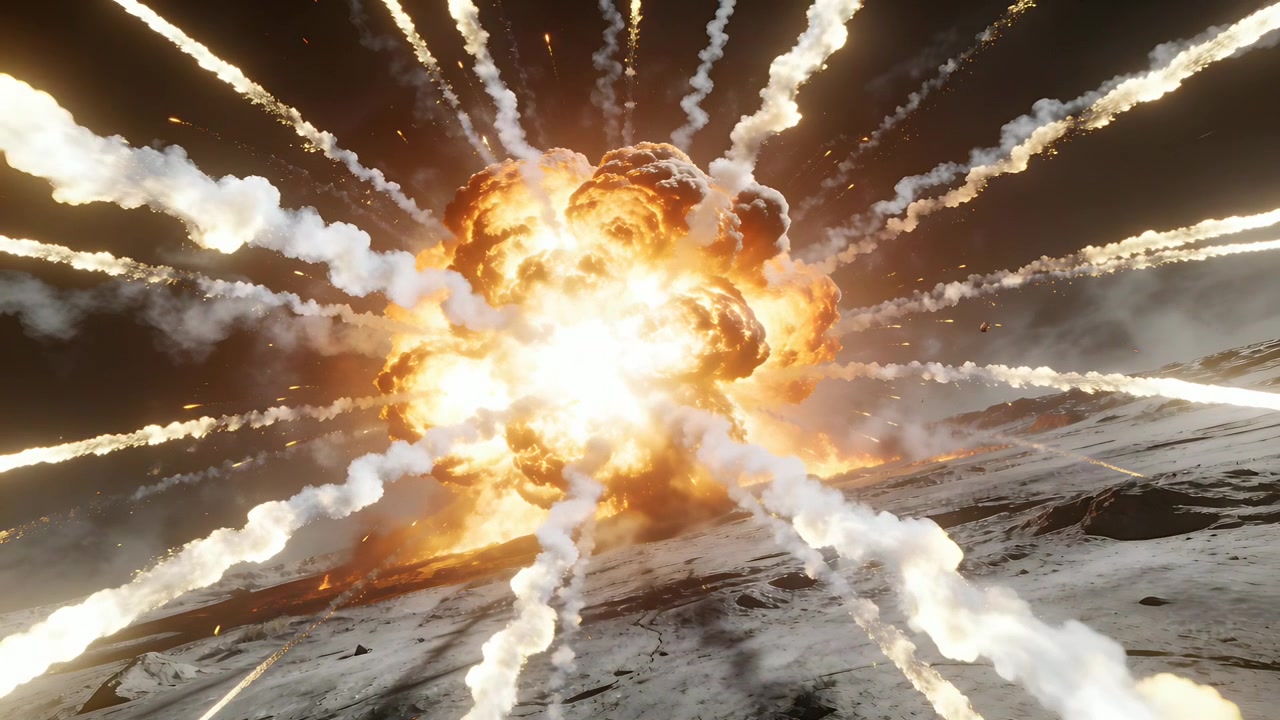 Palla di fuoco centrale che si accende, si espande ed espelle fumo radiale su una pianura rocciosa, emettendo scintille.