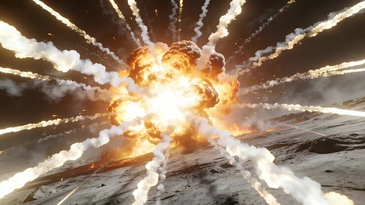 Igniting central fireball expanding and ejecting radial smoke over rocky plain, emitting sparks