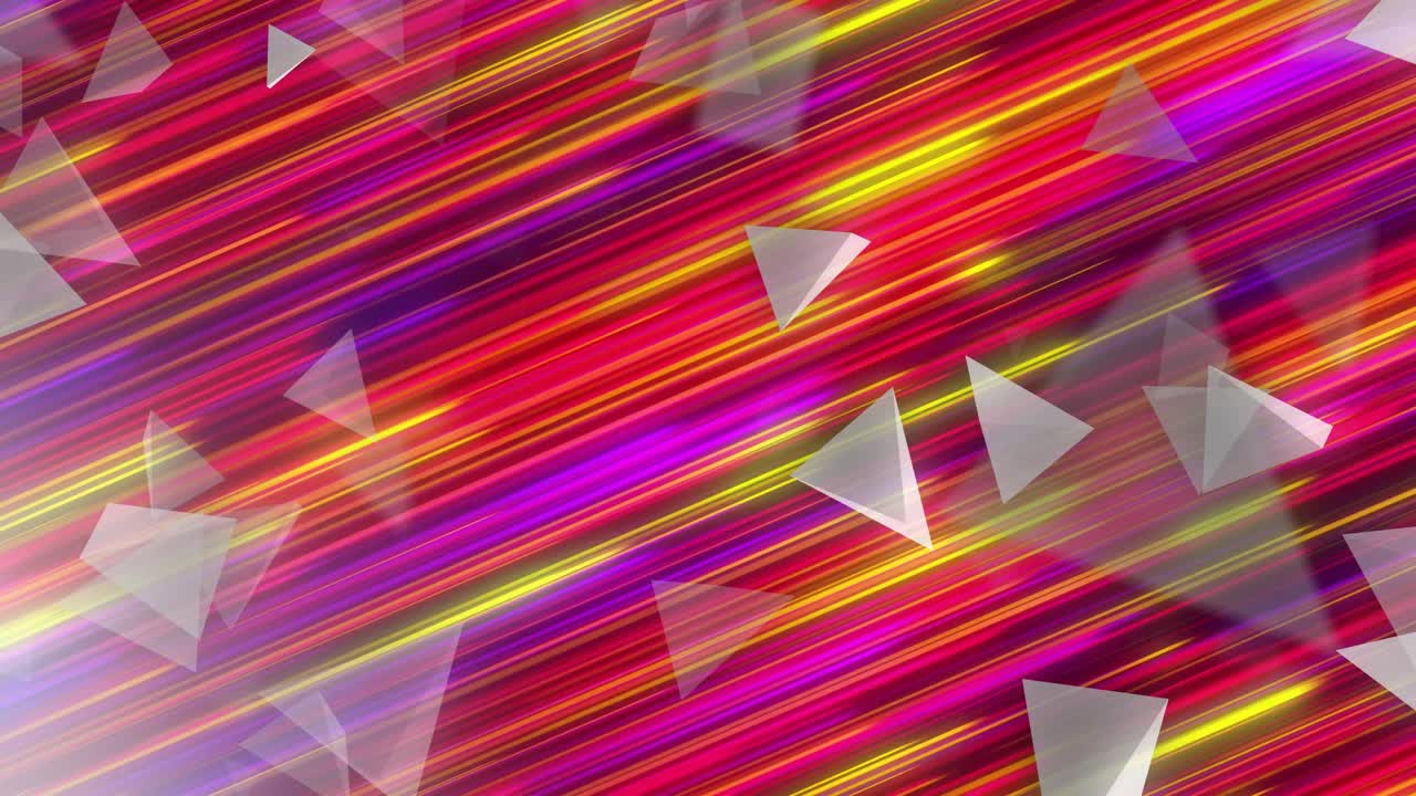 Clear shards drifting and rotating as neon streaks entering and glowing, forming vibrant scene