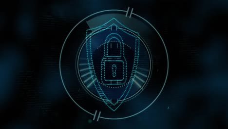 animation of round scanner over cyber security padlock icon and light spot against black background