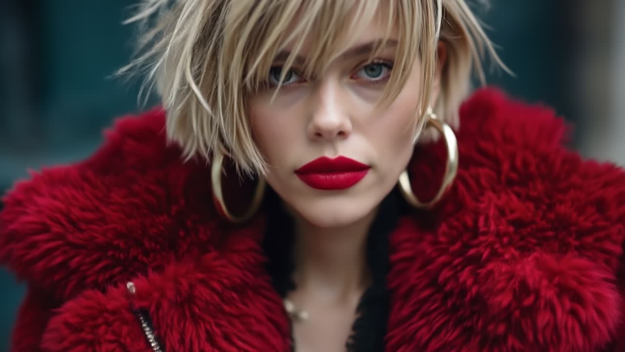 Beautiful young blonde woman wearing luxury red faux fur coat looking at camera in studio setting