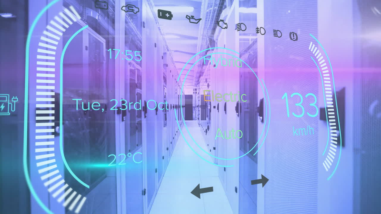 Animation of electric car digital data processing over computer servers