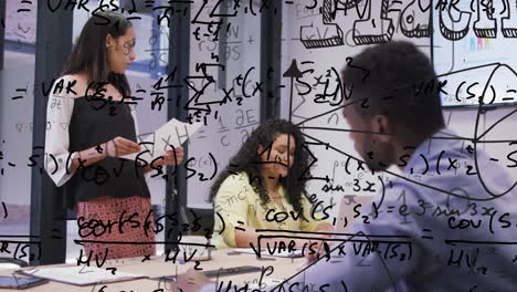 Animation of mathematical equations over diverse business people talking