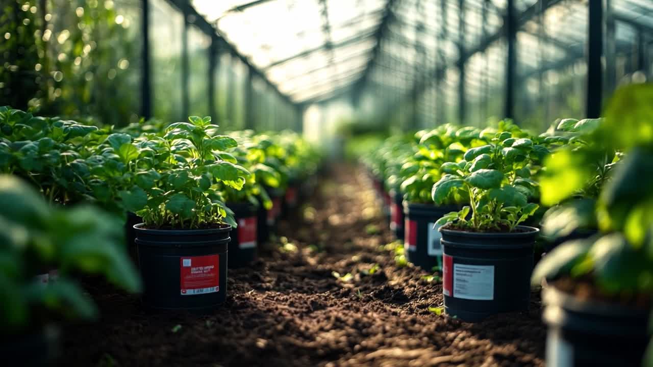 Greenhouse with Rows of Potted Plants