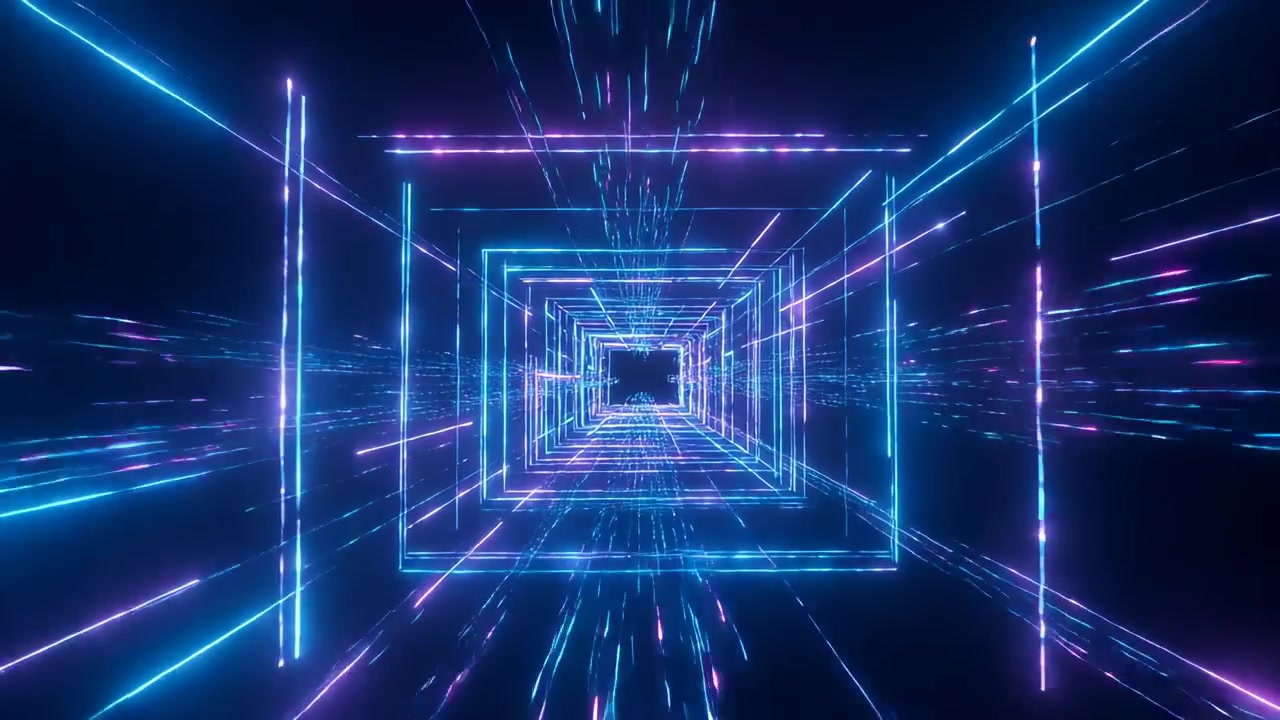 Starting playback cyan-magenta neon frames racing with sparks into void to core creating motion