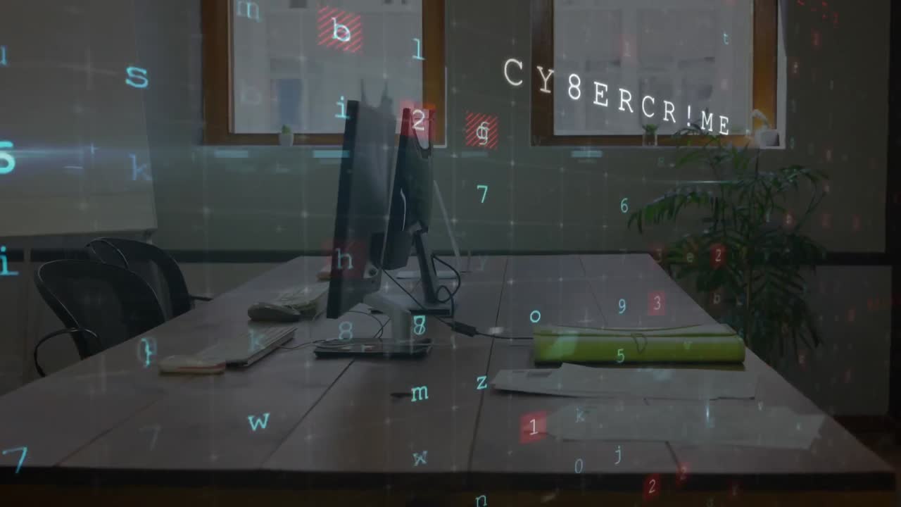 Animation of cyber attack warning over computers on desk