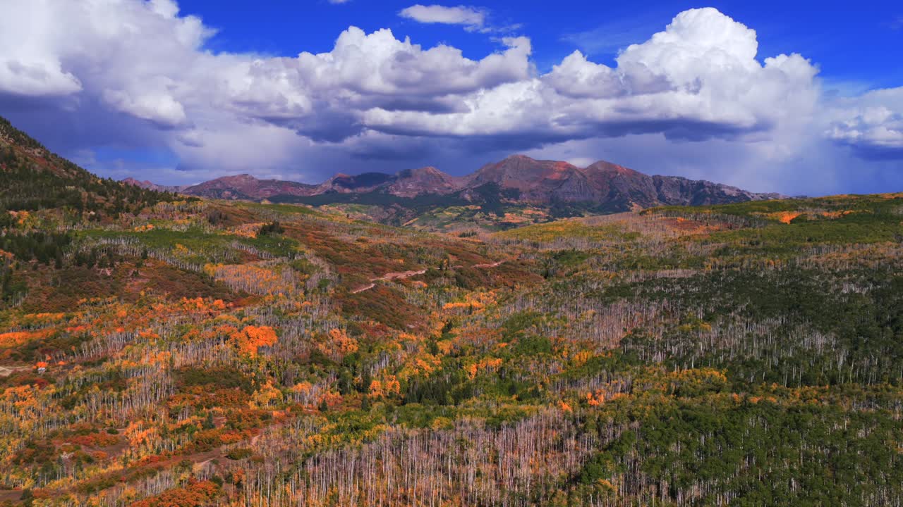 Kebler Pass Ruby Afley Ruby Peak Lake Irwin Paonia Somerset Crested Butte Colorado aereo drone soleggiato pomeriggio autunno nuvole scure cielo blu colorato dorato pioppi strada sterrata movimento in avanti verso l'alto