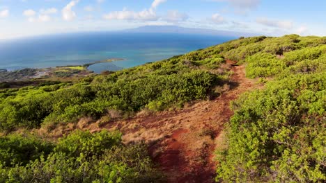 Die-FPV-Luftaufnahme-Folgt-Der-Grünen-Vegetation-Und-Enthüllt-Eine-Unglaublich-Blaue-Und-Atemberaubende-Bucht-In-Hawaii