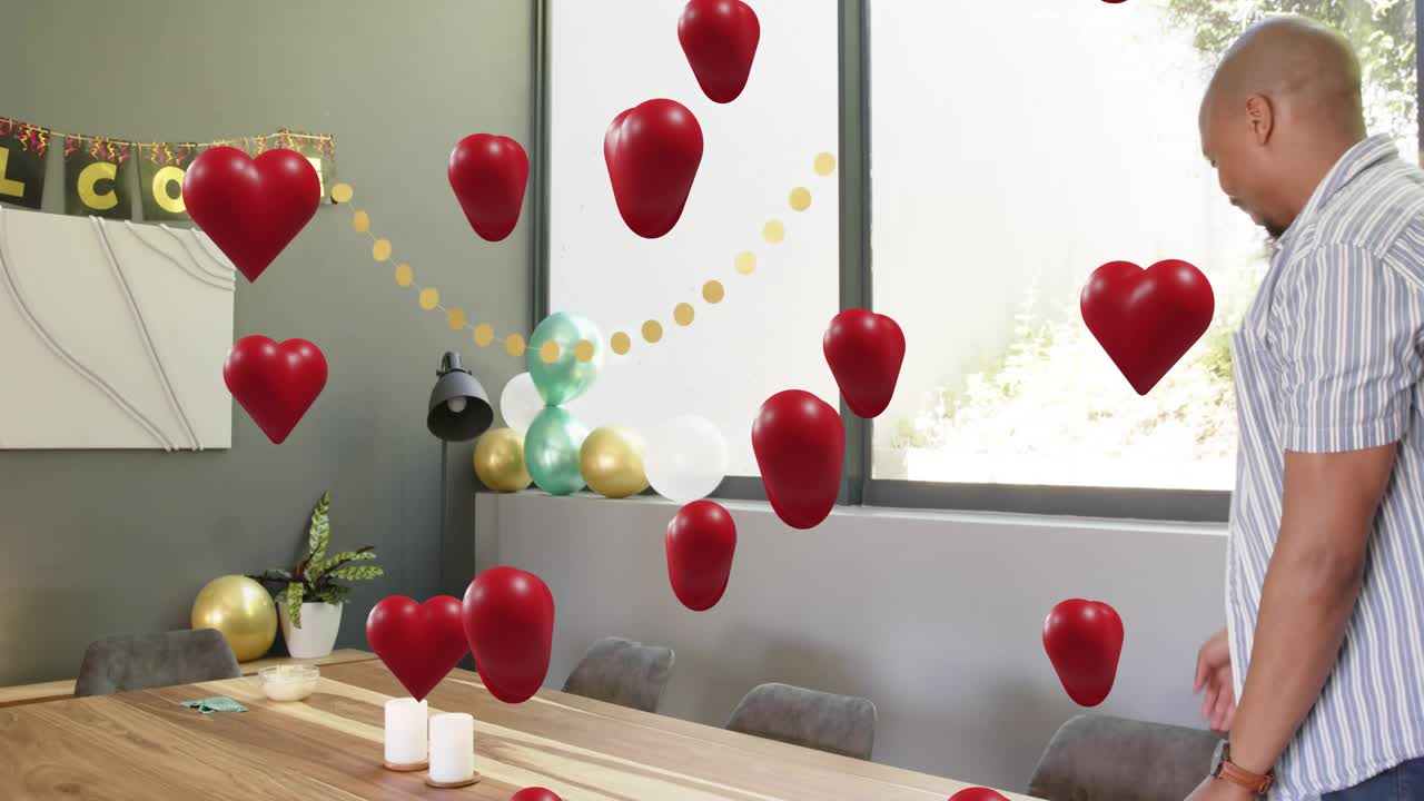 Host pink-shirt entering with plate and glass, passing items for office welcome, hearts floating