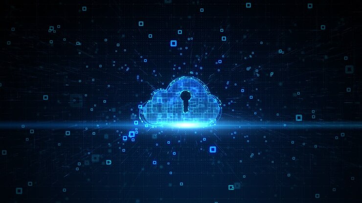 Digital Cloud Computing of Cyber Security, Digital Data Network Protection, 5g Connection Internet of Things IoT, Future Technology Network Background with Line and Dots Connect.