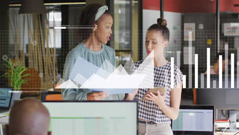 animation of graphs, loading bars, map over diverse female coworkers discussing reports in office