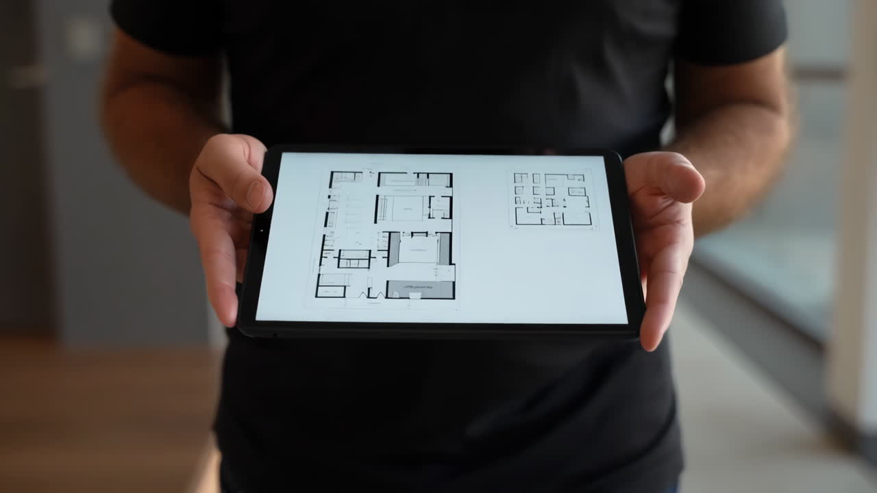 Person holding a tablet displaying architectural floor plans
