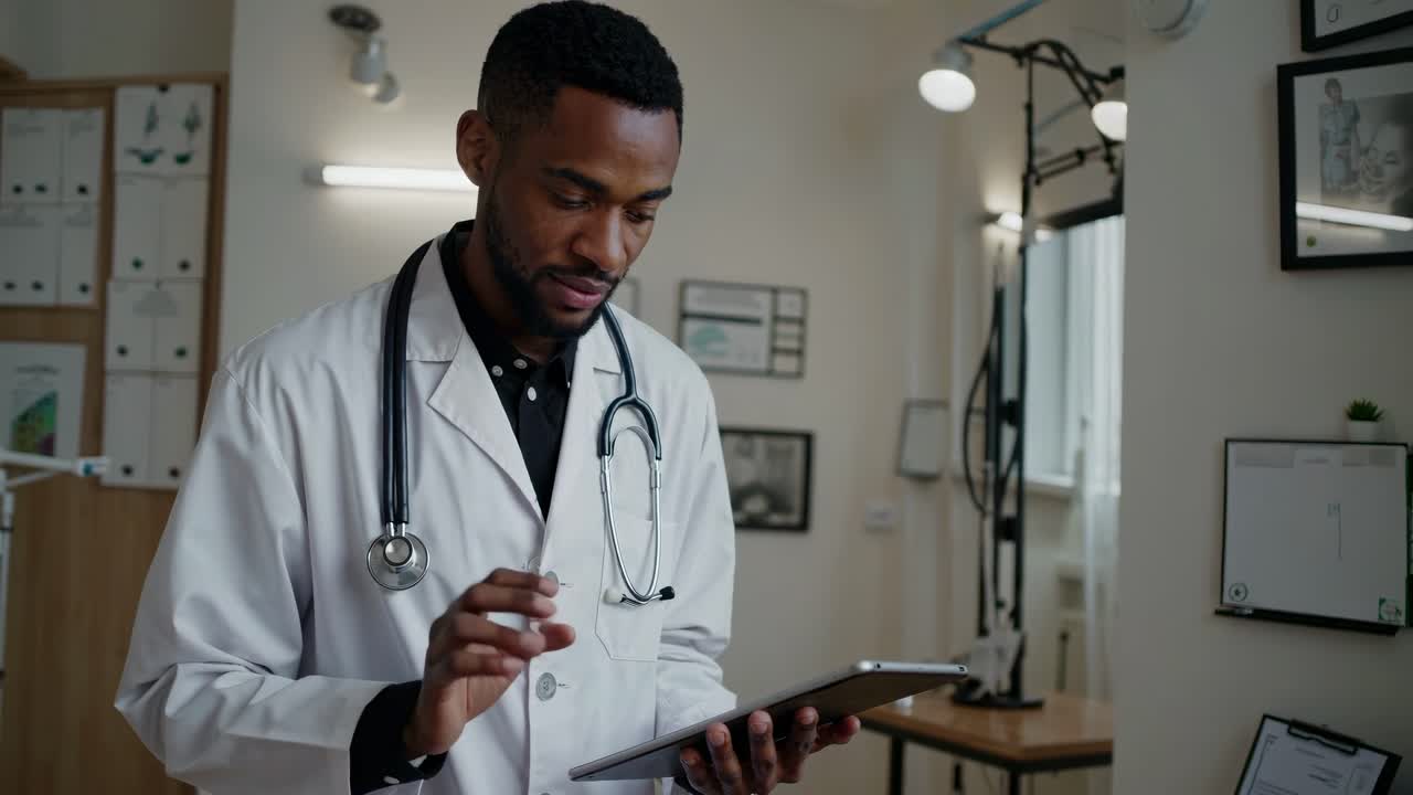 Video laterale di un dottore in un ufficio moderno che usa un tablet