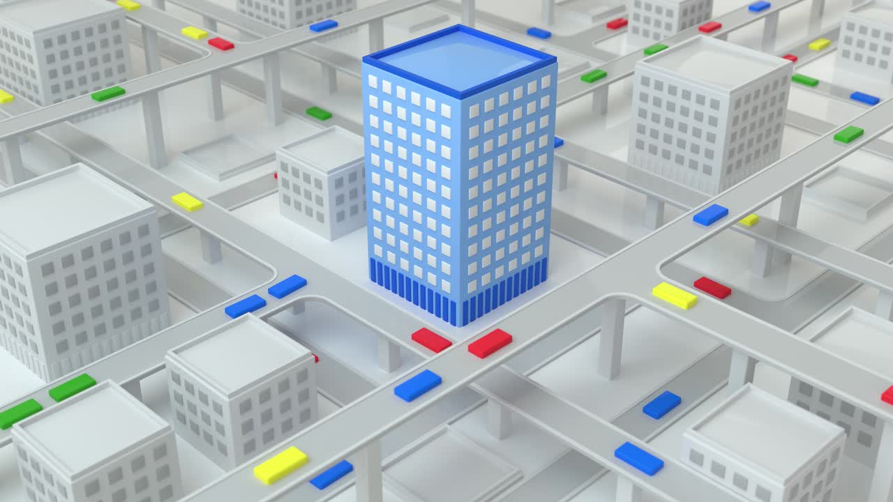 autopista en una ciudad con intenso tráfico durante el día. el concepto de vida urbana, atascos de tráfico, metrópolis, urbanismo. vista isométrica de la ciudad. profundidad de campo poco profunda. bucle de animación de renderización 3d. 4k uhd