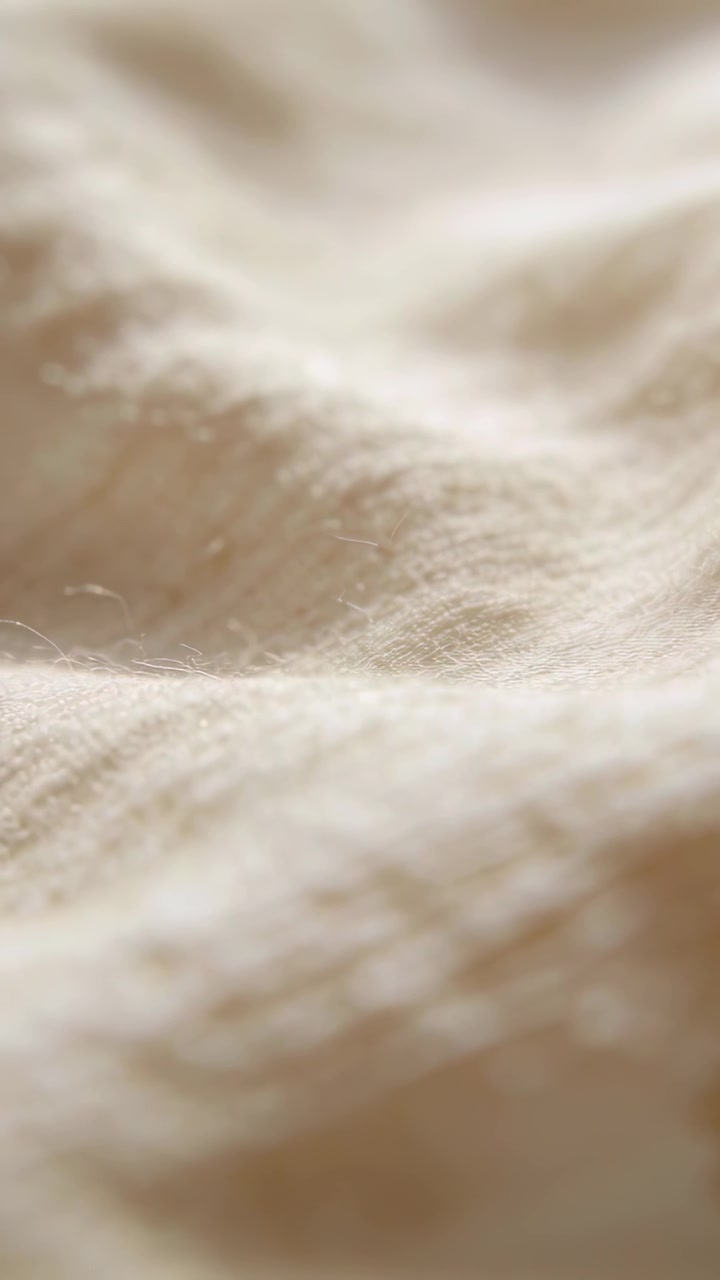 Vertical video: Pulling camera focus revealing beige textile close-up, exploring weave and fibers