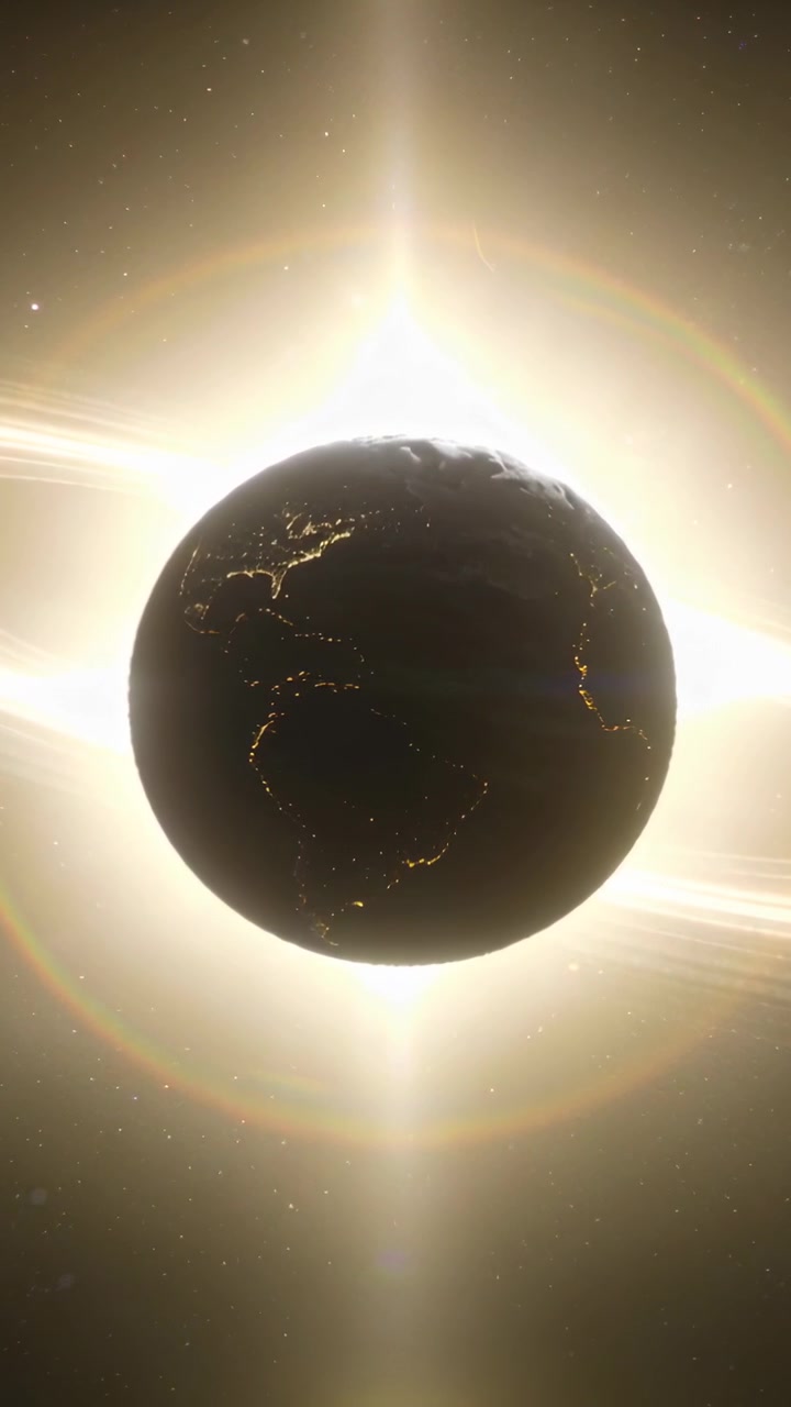 Vertical video: Rotating Earthlike planet clockwise in space, star behind, pulsing corona, cities