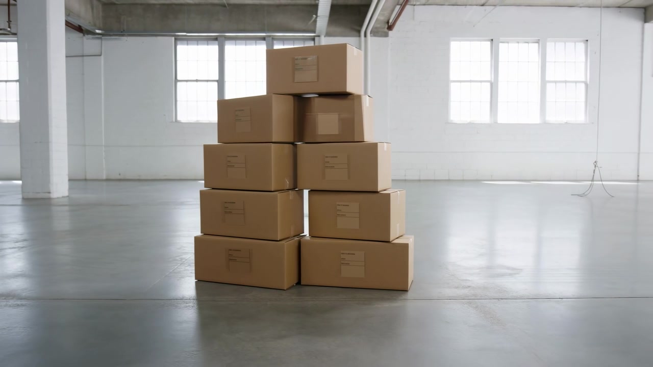 A small stack of sealed cardboard boxes stands in an empty industrial warehouse with a concrete floor, tall windows, white walls, and soft natural daylight