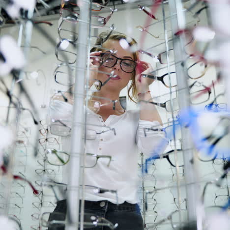 smiling woman tries on the stylish spectacles in optical store. beautiful young woman choosing new pair of spectacles in optics. eyesight correction. ophthalmology.