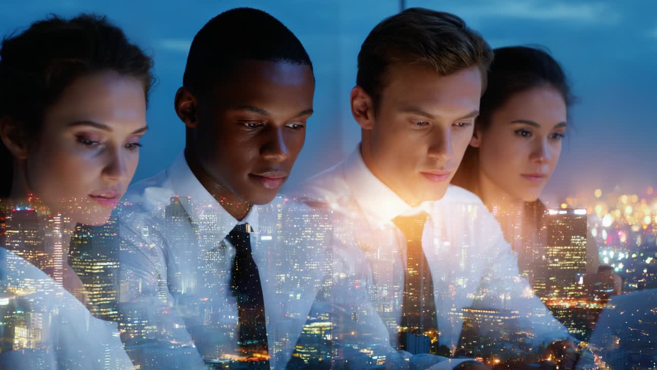 A Group of Professionals Engaged in Deep Concentration and Collaboration While Working on a Project with a Beautiful Cityscape as Their Background, Capturing the Essence of Modern Work Culture