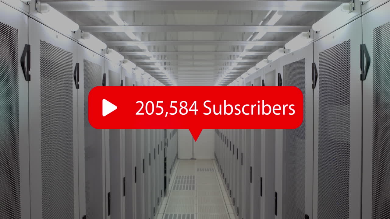 Speech bubble with subscribers text with increasing numbers against empty server room