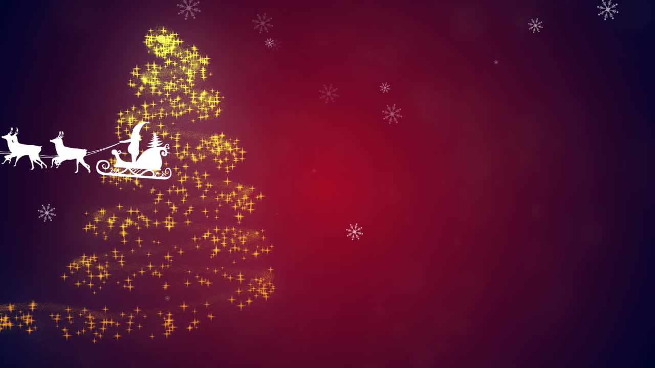 santa claus en trineo siendo tirado por renos contra una estrella fugaz formando un árbol de navidad