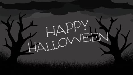 Animation-of-happy-halloween-text-over-trees