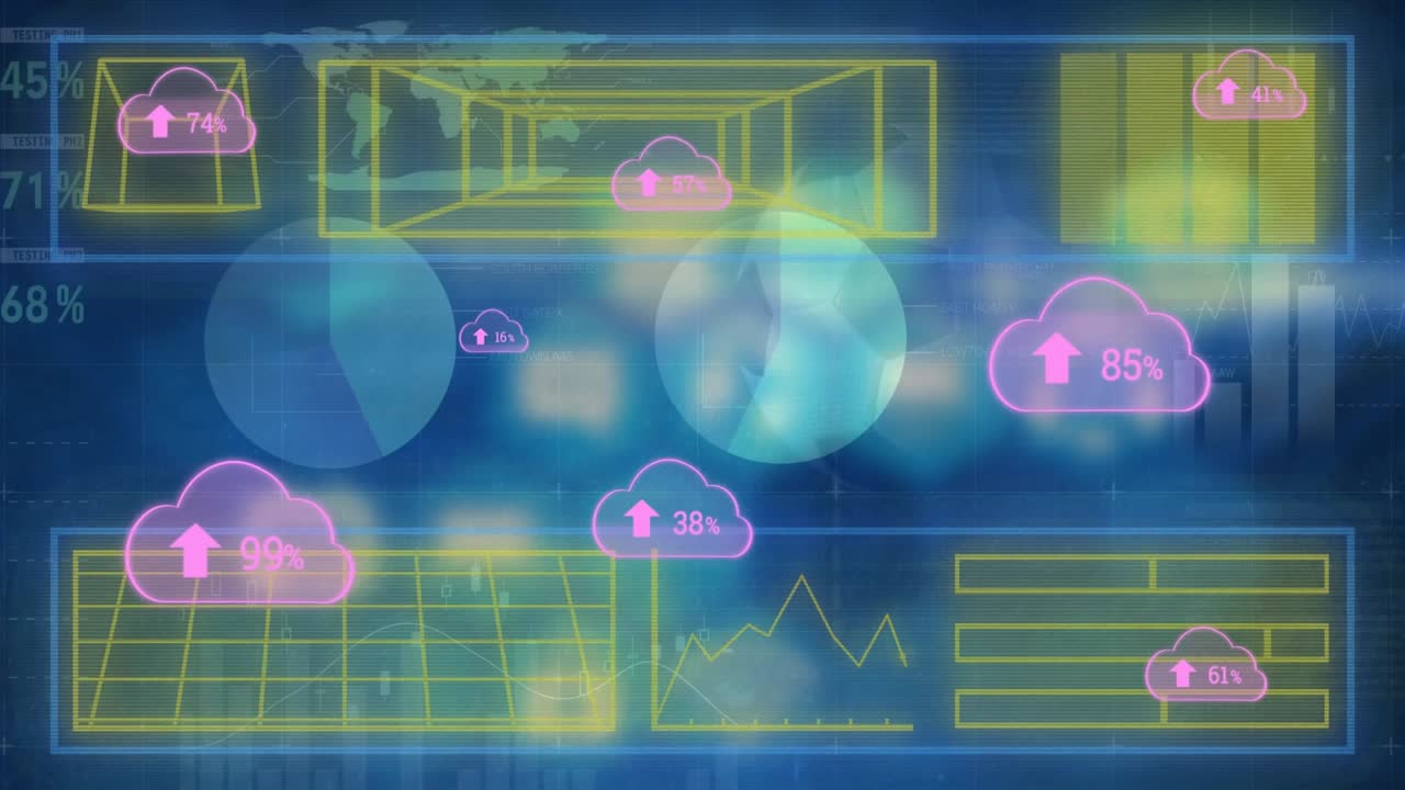 Animation of multiple cloud icons with increasing percentage and interface with data processing