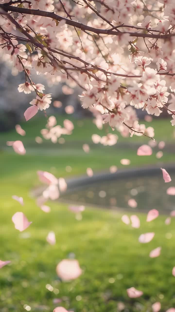 Vertical video: Swaying cherry blossom branch in gentle breeze, shedding petals onto pond, lawn