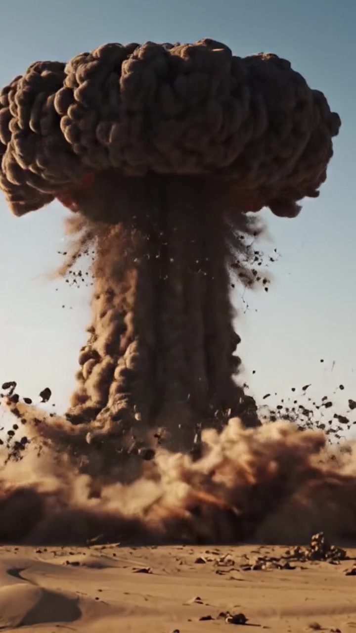 Eine explosive Transformation: Die dramatische Entwicklung von der anfänglichen Explosion bis zur mächtigen Pilzwolke in einer Wüstenlandschaft.