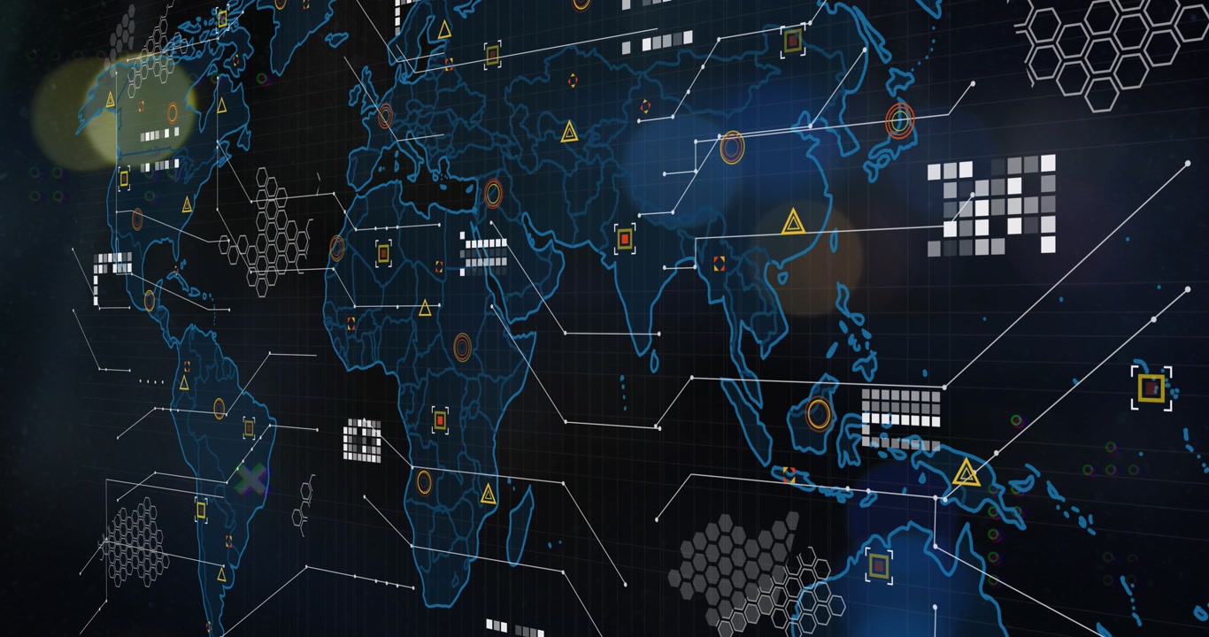 Animation of computer and scientific data processing on black background
