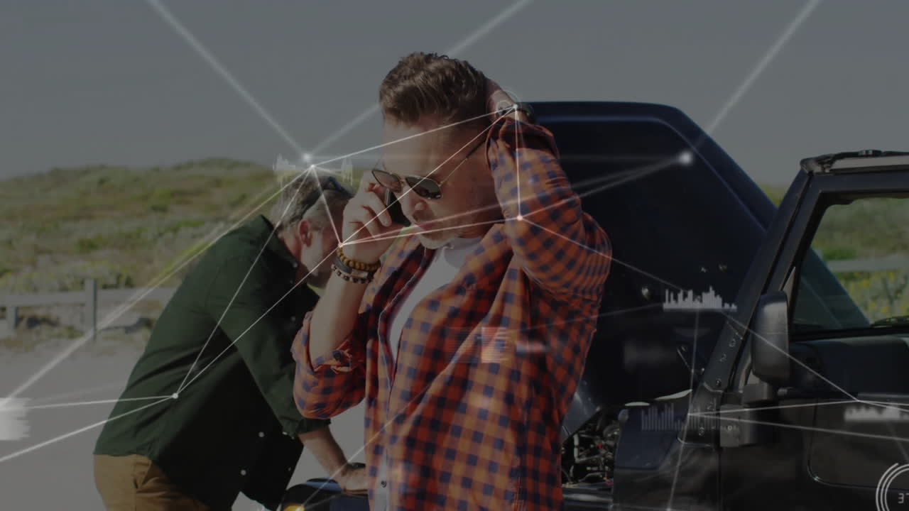 Talking on phone, man in sunglasses with car breakdown and animation overlay