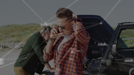 talking on phone, man in sunglasses with car breakdown and animation overlay